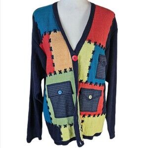 Lucia Vintage Patchwork Knit Cardigan Women's Large Colorblock Art Teacher Folk